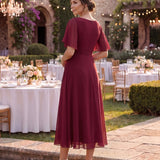 ever DAHLIA|Robe d'invité de mariage mi-longue en mousseline à col en V avec appliques à la taille