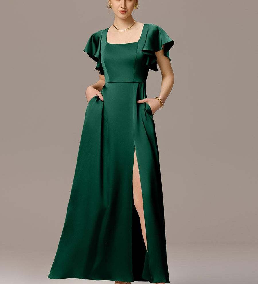 ever BELISSE|Robe en satin à manches volantées et fentes sur le devant