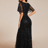 ever DIONE|Robe de soirée en queue de poisson à paillettes et feuilles à col en V