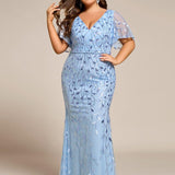 ever DIONE|Robe de soirée en queue de poisson à paillettes et feuilles à col en V