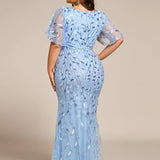 ever DIONE|Robe de soirée en queue de poisson à paillettes et feuilles à col en V