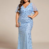 ever DIONE|Robe de soirée en queue de poisson à paillettes et feuilles à col en V