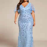 ever DIONE|Robe de soirée en queue de poisson à paillettes et feuilles à col en V