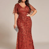 ever DIONE|Robe de soirée en queue de poisson à paillettes et feuilles à col en V