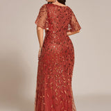ever DIONE|Robe de soirée en queue de poisson à paillettes et feuilles à col en V