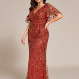 ever DIONE|Robe de soirée en queue de poisson à paillettes et feuilles à col en V