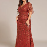 ever DIONE|Robe de soirée en queue de poisson à paillettes et feuilles à col en V