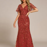 ever DIONE|Robe de soirée en queue de poisson à paillettes et feuilles à col en V