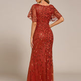 ever DIONE|Robe de soirée en queue de poisson à paillettes et feuilles à col en V