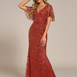 ever DIONE|Robe de soirée en queue de poisson à paillettes et feuilles à col en V