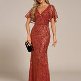 ever DIONE|Robe de soirée en queue de poisson à paillettes et feuilles à col en V