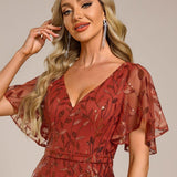 ever DIONE|Robe de soirée en queue de poisson à paillettes et feuilles à col en V