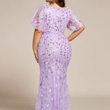 ever DIONE|Robe de soirée en queue de poisson à paillettes et feuilles à col en V