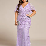 ever DIONE|Robe de soirée en queue de poisson à paillettes et feuilles à col en V