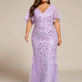 ever DIONE|Robe de soirée en queue de poisson à paillettes et feuilles à col en V