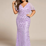 ever DIONE|Robe de soirée en queue de poisson à paillettes et feuilles à col en V