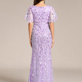 ever DIONE|Robe de soirée en queue de poisson à paillettes et feuilles à col en V