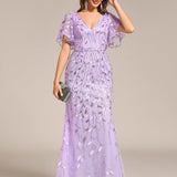ever DIONE|Robe de soirée en queue de poisson à paillettes et feuilles à col en V