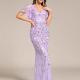 ever DIONE|Robe de soirée en queue de poisson à paillettes et feuilles à col en V
