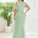 ever DIONE|Robe de soirée en queue de poisson à paillettes et feuilles à col en V
