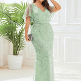 ever DIONE|Robe de soirée en queue de poisson à paillettes et feuilles à col en V