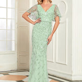 ever DIONE|Robe de soirée en queue de poisson à paillettes et feuilles à col en V