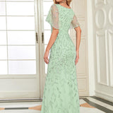ever DIONE|Robe de soirée en queue de poisson à paillettes et feuilles à col en V