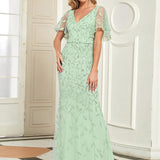 ever DIONE|Robe de soirée en queue de poisson à paillettes et feuilles à col en V