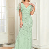 ever DIONE|Robe de soirée en queue de poisson à paillettes et feuilles à col en V