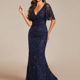 ever DIONE|Robe de soirée en queue de poisson à paillettes et feuilles à col en V