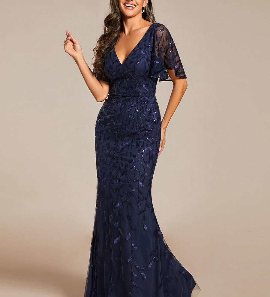 ever DIONE|Robe de soirée en queue de poisson à paillettes et feuilles à col en V