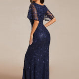 ever DIONE|Robe de soirée en queue de poisson à paillettes et feuilles à col en V