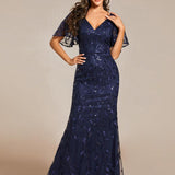 ever DIONE|Robe de soirée en queue de poisson à paillettes et feuilles à col en V