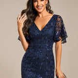 ever DIONE|Robe de soirée en queue de poisson à paillettes et feuilles à col en V