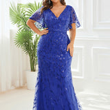 ever DIONE|Robe de soirée en queue de poisson à paillettes et feuilles à col en V