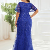 ever DIONE|Robe de soirée en queue de poisson à paillettes et feuilles à col en V