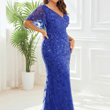 ever DIONE|Robe de soirée en queue de poisson à paillettes et feuilles à col en V