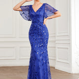 ever DIONE|Robe de soirée en queue de poisson à paillettes et feuilles à col en V