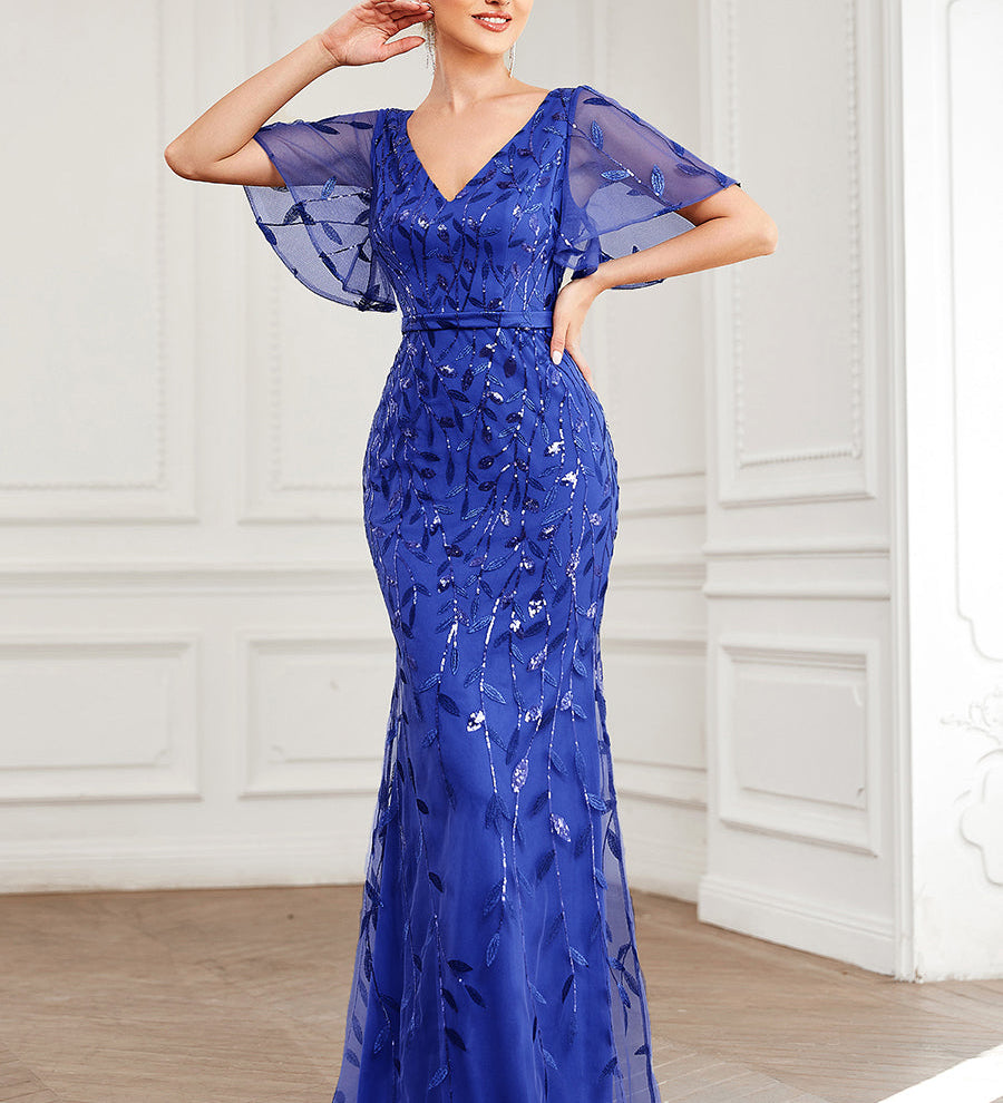 ever DIONE|Robe de soirée en queue de poisson à paillettes et feuilles à col en V