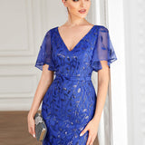 ever DIONE|Robe de soirée en queue de poisson à paillettes et feuilles à col en V