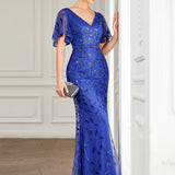 ever DIONE|Robe de soirée en queue de poisson à paillettes et feuilles à col en V