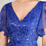 ever DIONE|Robe de soirée en queue de poisson à paillettes et feuilles à col en V