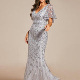 ever DIONE|Robe de soirée en queue de poisson à paillettes et feuilles à col en V