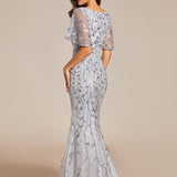 ever DIONE|Robe de soirée en queue de poisson à paillettes et feuilles à col en V
