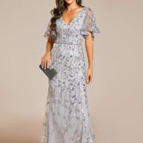 ever DIONE|Robe de soirée en queue de poisson à paillettes et feuilles à col en V