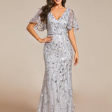 ever DIONE|Robe de soirée en queue de poisson à paillettes et feuilles à col en V
