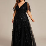 ever ASTRAL|Robe de Soirée Longue Romantique et Scintillante à Col V et Pailletes