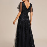 ever ASTRAL|Robe de Soirée Longue Romantique et Scintillante à Col V et Pailletes