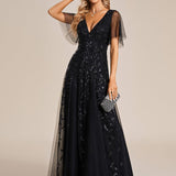 ever ASTRAL|Robe de Soirée Longue Romantique et Scintillante à Col V et Pailletes
