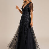 ever ASTRAL|Robe de Soirée Longue Romantique et Scintillante à Col V et Pailletes